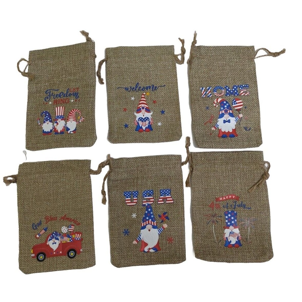 GWP 3 PCS - Gnome USA Burlap Gift Bag Pouch Red White Blue Patriotic 4th July